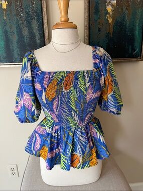 Flying Tomato Blue Tropical Smocked Peplum Top